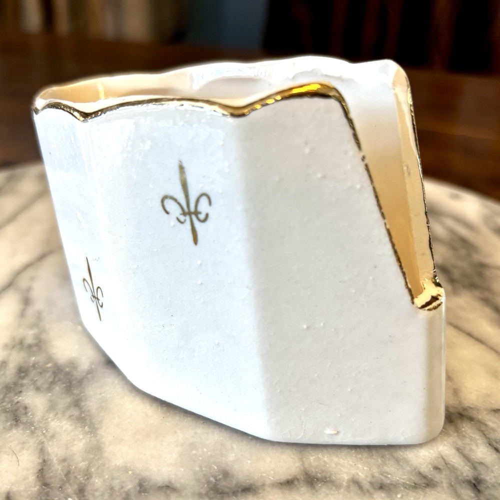 VTG 1950s 50s Ceramic White Gold Fleur de‎ Lis Lys Flatware Caddy Spoon Rest